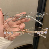 DAIIIBABYYY  -  Retro Small Oval Eyeglasses Women Girls Metal Frames Shades Eyewear with Rhinestone Anti Blue Light Reading Glasses Eyewears