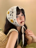Daiiibabyyy Idyllic Flower Headscarf Women Summer Seaside Knitted Hollow Crochet Triangular Towel French Retro Bag Head Headband Trendy