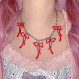 Daiiibabyyy  Kawaii Accessories Bowknot Pendant Necklaces Korean Fashion Pink Chains Choker Punk Charms Necklace Women Y2K Jewelry Harajuku