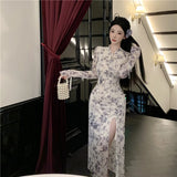 DAIIIBABYYY  -  Autumn Floral Mesh Long Sleeve Chic Bow Collar Long Dress Women Elegant Bodycon Slit Dress 2025 Korean Fashion Party Night Dress