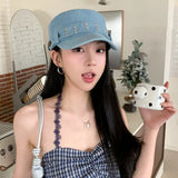 Daiiibabyyy  Fashion Cloth Rivet Denim Beret Y2k Korean Style Rivet Flat Top Washed Denim Fashion Retro Painter Hat Outdoor