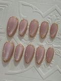 Daiiibabyyy  10 pieces of pure handmade almond-shaped purple glitter cat eye nails with golden circle outlines, simple, fashionable and