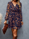 Daiiibabyyy Women's Floral Print Chiffon A-Line Mini Dress Long Peasant Sleeves Hot Selling Dress V-neck Elegant Printed Floral Perspective