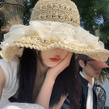 Daiiibabyyy Lace Big Brim Knit Breathable Summer Outdoor Women Girls Fashion Designer Bucket Street Outdoor Cap