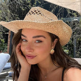 Daiiibabyyy  Hand Woven Raffia Hat Women Summer Simple Western Cowboy Straw Hat Lady Ins California Girl Seaside Vacation Curled Brim Sun Hat