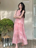 DAIIIBABYYY  -  Pink Tie Dye Beach Long Dress Women Elegant Casual Sleeveless Sweet Tanks Dress Casual Vintage Summer Lady Loose Long Dress