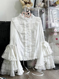 Daiiibabyyy  Long Sleeve Lolita Sweet Kawaii Cosplay Holiday Party Blouse Pink Black White Stand Collar Solid Shirt Lace JK SK Ruffle Tops