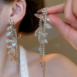 Daiiibabyyy  Inlaid Rhinestone Crystal Flowers and Leaves Tassel Ear Clips New Exquisite Earrings Light Luxury High-end Earrings for Women