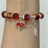 Daiiibabyyy  New Trendy Red Crystal Beaded Maple Leaf Bracelet for Women Fashion Butterfly Feather Pendant Bracelet Friendship Jewelry Gift