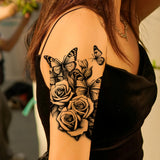 Daiiibabyyy  1pc Black Rose & Butterfly Design Large Temporary Tattoo Sticker For Arms, Chest, Abdomen, Back