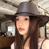 Daiiibabyyy  American Retro Western Cowboy Hat Women Outdoor Horseback Riding Travel Sun Shade Sunscreen Hat Mountaineering Hat PU Soft