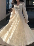 Daiiibabyyy  V Neck Lace Sweet Bow Dresses Women Flare Sleeve Temperament Robe Femme Vestidos De Mujer Tunic A-line Korean Maxi Dress