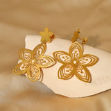 Daiiibabyyy  Gold Plated Stainless Steel Hollow Flower Drop Earrings for Women Glossy Dangle Earring Trendy Jewelry