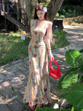 Daiiibabyyy  Vintage Printing Halter Dress Women's Clothing Sleeveless Slim Fit Temperament Vestidos High Waist Fashion Sweet Maxi Dress