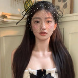 DAIIIBABYYY  -  Bowknot Bow Headband Sweet Princess Black Mesh Bride Veil Hair Hoop Wedding Photo Prop Face Wash Rhinestone Headband Daily