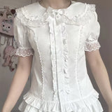 Daiiibabyyy  Costume Sweet Ruffles Blouses Spring Summer Japanese Style Puff Sleeve Women Shirts Retro Sweet Peter Pan Collar Blusas Mujer