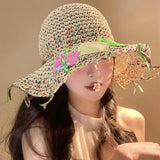 DAIIIBABYYY  -  New Niche Fashion Mixed Color Straw Sticker Design Straw Hat Summer Vacation Eaves Foldable Fringed Sun Cap for Women's Gorras