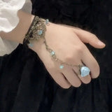 Daiiibabyyy  Lolita Gothic Crystal Finger Bracelet for Women Baroque Rose Lace Bracelet with Finger Ring Charm Vampire Hand Jewelry Pulseras