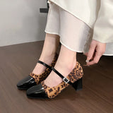 Daiiibabyyy  Summer New Square Toe Women's High Heels Buckle Strap Dress Pumps with Leopard Plus Size Chunky Heels Fashion Ladies Shoes