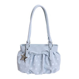 Daiiibabyyy  Polka Dot Ruched Shoulder Bag With Star Pendant Women Bow Decor Large Capacity Hobo Bag Retro Versatile Handbag For Daily Commut
