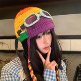 Daiiibabyyy  Removable Glasses Funny Pilot Hats for Women and Men Autumn Winter Travel Personality Versatile Thermal Ear Protection Beanies