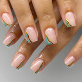 24Pcs Short Nude Square Fake Nail Colorful French Simple Flower Design Press on False Nails Detachable Full Cover Nails Tips Art