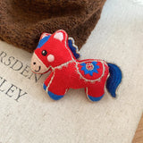 Daiiibabyyy  Cute Lovely 4 Designs Flower Embroidery Red Coffee Cloth Cartoon Horse Brooches for Women New Yesr Festival Accessories