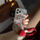 Daiiibabyyy  Through hole vortex painted floral pony phone case with fur plush bell hanging rope for iPhone 11 12 13 14 15 16 17 Pro Max
