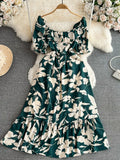 DAIIIBABYYY  -  Summer Women Square Collar Printed Midi Dress Elegant Short Puff Sleeve High Waist Ruffle Hem A-Line Vacation Beach Vestidos New