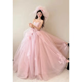 Daiiibabyyy  Pink Strapless Korea Long Wedding Dresses Princess Fairy A-Line Silk Tulle Party Evening Customized Photo Shoot Prom Gowns 웨딩드레스