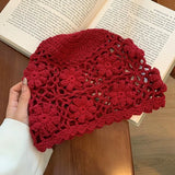 Daiiibabyyy  Women's Hats Y2k Caps Haze Blue Korean  Version Hand Crocheted And Hollowed Out Flower Shaped Cap Pile Pile Cap Sweet Cool Cap