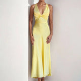 Daiiibabyyy  Sexy Elegant Party Long Dress Summer Solid Color V-Neck Halter Neck Backless Sleeveless Beach Maxi Fashion Dresses