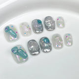Daiiibabyyy 10PCS Blue Press on Nails Short Round Fake Nails with Glue Y2k Sweet Cool Cute False Nails with Designs Y2k Metal Handmade Nails