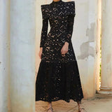 DAIIIBABYYY  -  Elegant Hollow Out Lace Maxi White Dress Women's Fashion Mock Neck Long Sleeved Shoulder Padded Robe Evening Females Wear