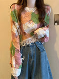 Daiiibabyyy  Women's Sweet Sle Knitted ort Coat Hollow out Tassel Loose Fit Base irt Spring Summer Top Design Sense Knitwear