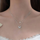 Daiiibabyyy S925 Sterling Silver Double Layer Butterfly Necklace for Women INS Small Fresh Shiny Zircon Clavicle Chain Jewelry Accessories
