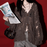 Daiiibabyyy  Hollow Out Knitted Cardigan Women V Neck Hole Y2K Streetwear Loose Sweaters Lazy Wind Long Sleeve Fall Vintage Hottie Sexy Tops