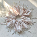 Daiiibabyyy  1PC Elegant Beige Velvet Hair Scrunchie With Crystal Bead Decor, Shiny Satin Hair Tie For Women, Party & Daily Hair Accessory