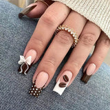 Daiiibabyyy  24pcs Retro Brown French Style Press On Nails Cute Bowknots Coffee Bean Polka Dot Decor False Nails Mid-length Coffin Fake Nail