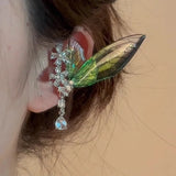 Daiiibabyyy  Exquisite Green Elf Ear Clip Shiny Butterfly Wings Rhinestone Crystal Flower Clip Earrings Tassel Waterdrop Forest Jewelry New