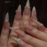 Daiiibabyyy  24pcs Gradient White False Nails Set Flower Seashell Design Long Almond Press on Nails Art Starfish Pearl Stiletto Fake Nail Tip