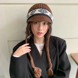 Daiiibabyyy  Japanese Ethnic Style Jacquard Knitted Ear Protection Beanie Cap for Men and Women Winter Warm Versatile Lace-up Bomber Hats