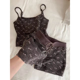 Daiiibabyyy  2Cute Bow Print Ribbed Loungewear Set Women Adjustable Thin Strap Tank Top Elastic Short Pants Daily Nightwear