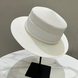 DAIIIBABYYY  -  Summer Elegant Pearl Chain Flat Sun Hats for Women Chapeau Feminino Straw Hat Panama Wide Brim Anti-UV Beach Cap Girl Topee