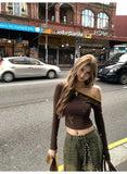 DAIIIBABYYY  -  American Retro Patchwork Graphic T Shirts Woman Clothing One Shoulder Long Sleeve 2000s Clothes Y2k Spring Autumn Tops