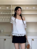 DAIIIBABYYY  -  2025 Korean Chic Summer New Style Romantic Texture Temperament Off Shoulder Ruffle Edge Short Sleeved Shirt Top