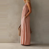 Daiiibabyyy  Cotton Linen Casual Pocket Solid Long Dress Elegant Draped Hight Waist Women Dress Sleeveless Slanted Shoulder Loose Party Dress