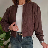 Daiiibabyyy  Women Vintage Faux Suede Bomber Jacket Ribbed Stand Collar Zip Up Long Sleeve Loose Short Casual Outerwear Autumn Coat