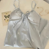 Daiiibabyyy  Blue Silver Butterfly Padded Cami Sleep Dress Ice Silk Nightgown with Built-in Bra Women Summer Sweet Butterfly Print Nightdress