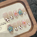 Daiiibabyyy  10pcs Glossy Pink Press On Nails Handmade Flash Cat's Eye False Nails 3D Flower Golden Edge Designs Fake Nail Tips For Women